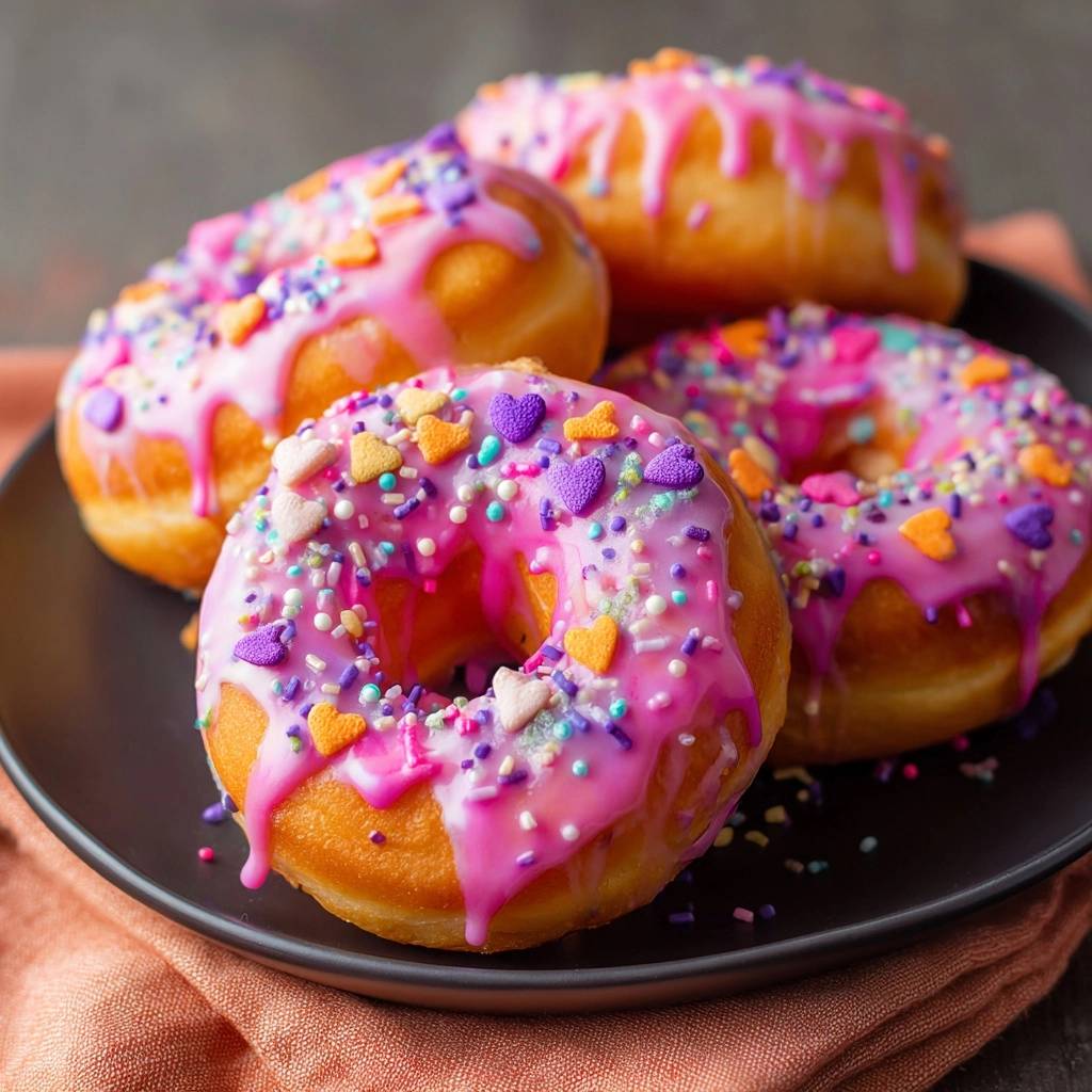 Bunte Glasur-Donuts, die auf einem Teller mit bunten Zuckerstreuseln und herzförmigen Streuseln garniert sind.