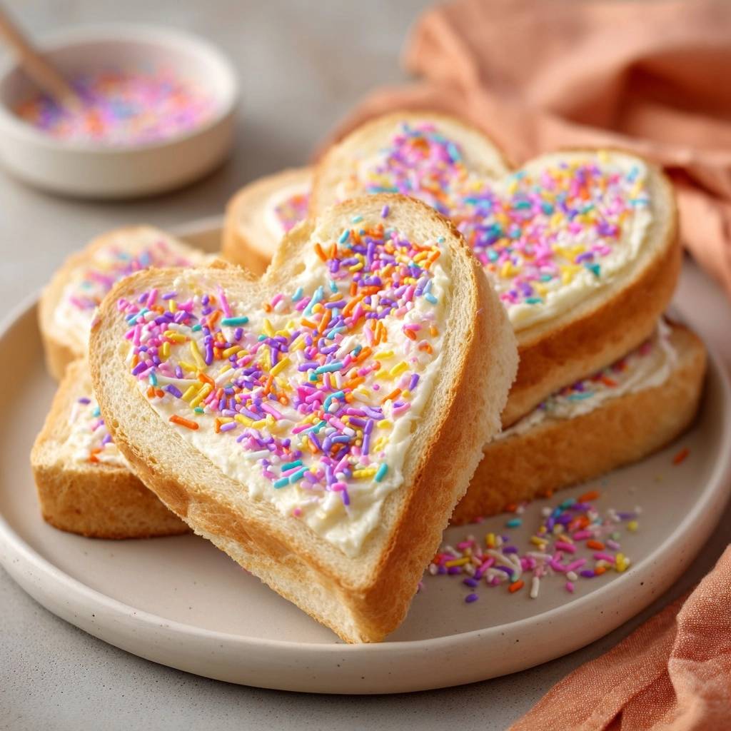 Bunte Herz-Toasts mit weißem Aufstrich und bunten Streuseln, Nahaufnahme der bestreuselten Oberfläche.