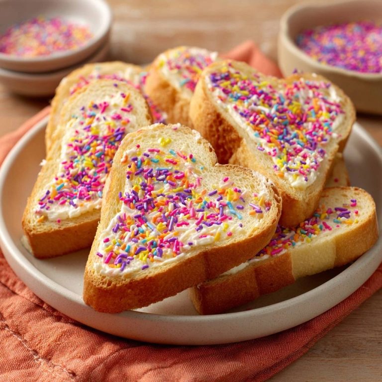 Bunte Herz-Toasts mit vielen bunten Streuseln, nahaufnahme der garnierten Brotscheiben auf einem Teller