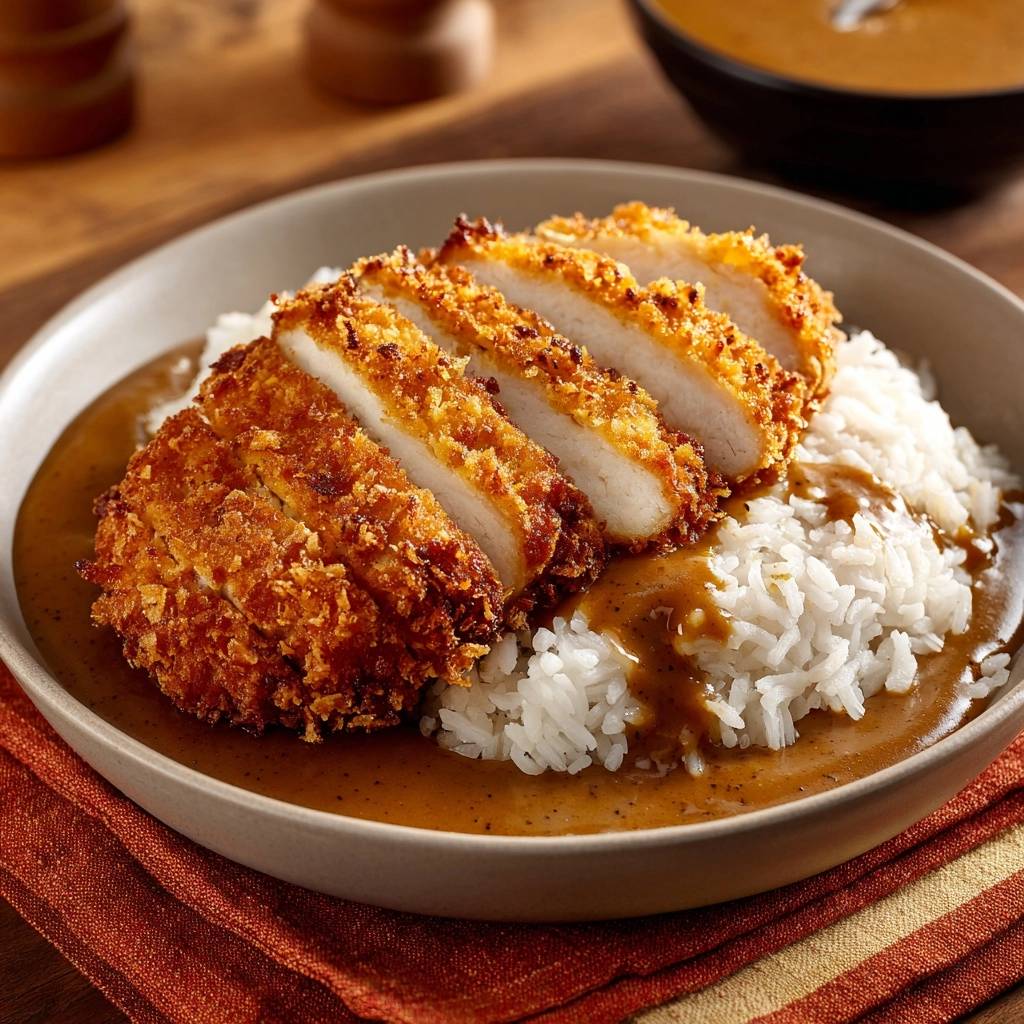 Chicken Katsu Don angeschnitten mit knuspriger Panade und Reis, serviert mit Soße in einer Schüssel.