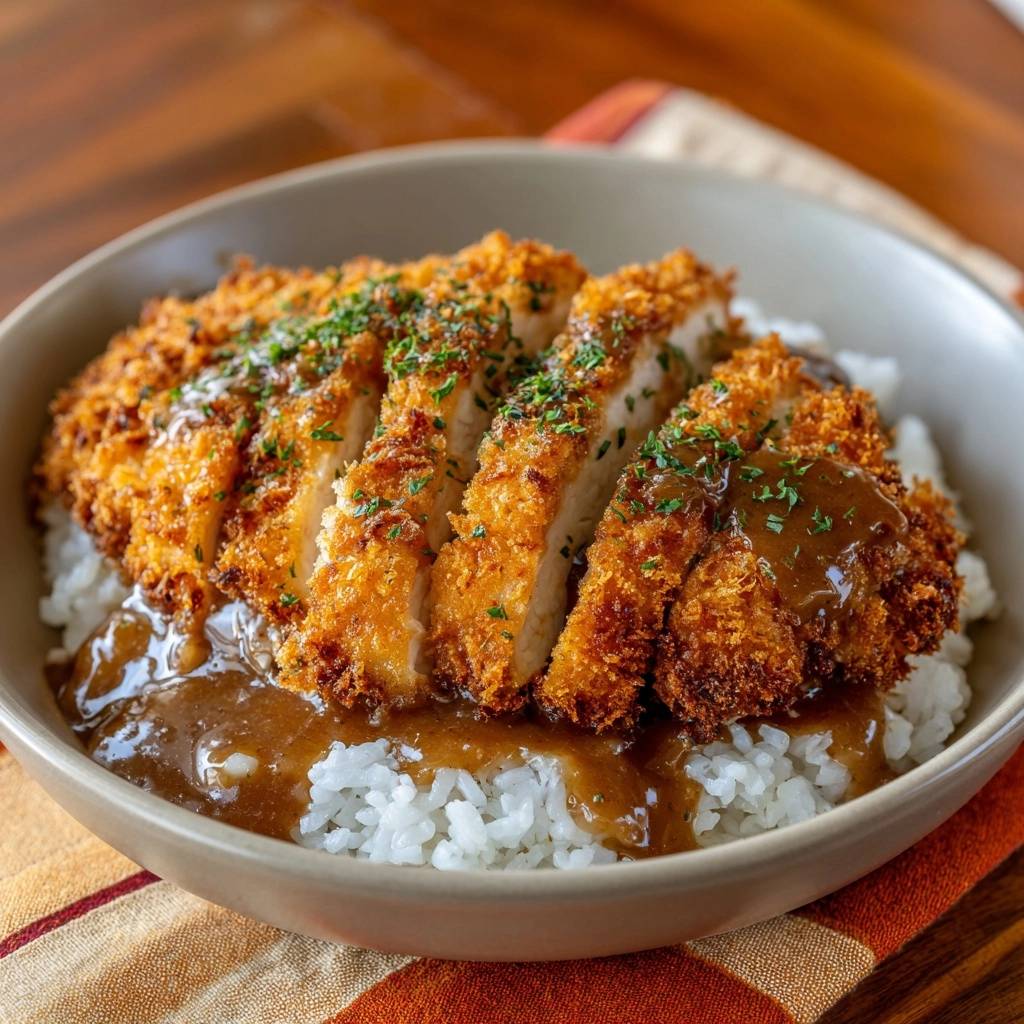 Chicken Katsu Don angeschnitten mit knuspriger Panade und Sauce auf Reis in einer Schüssel serviert