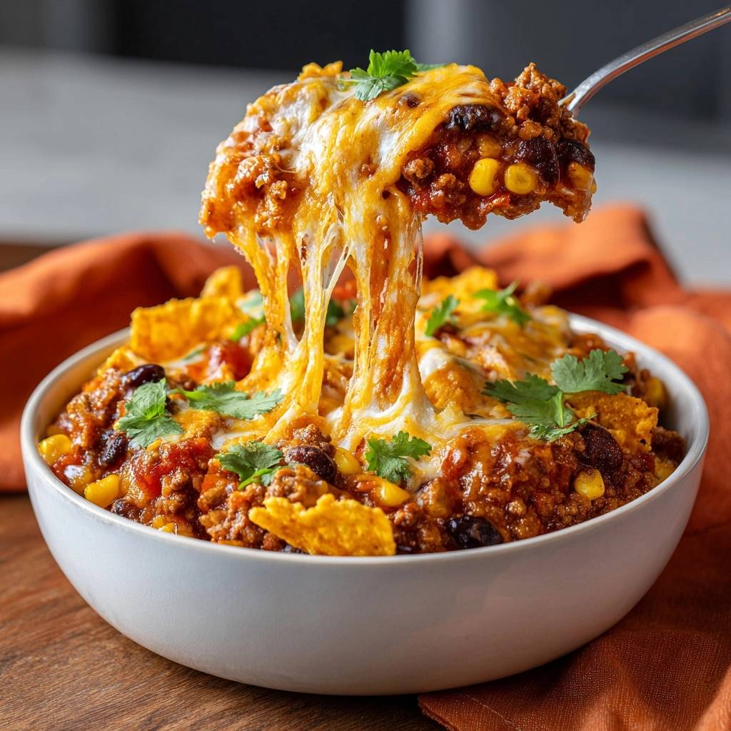 Knusprige Chili-Nacho-Bowl mit geschmolzenem und gezogenem Käse, garniert mit frischem Koriander.
