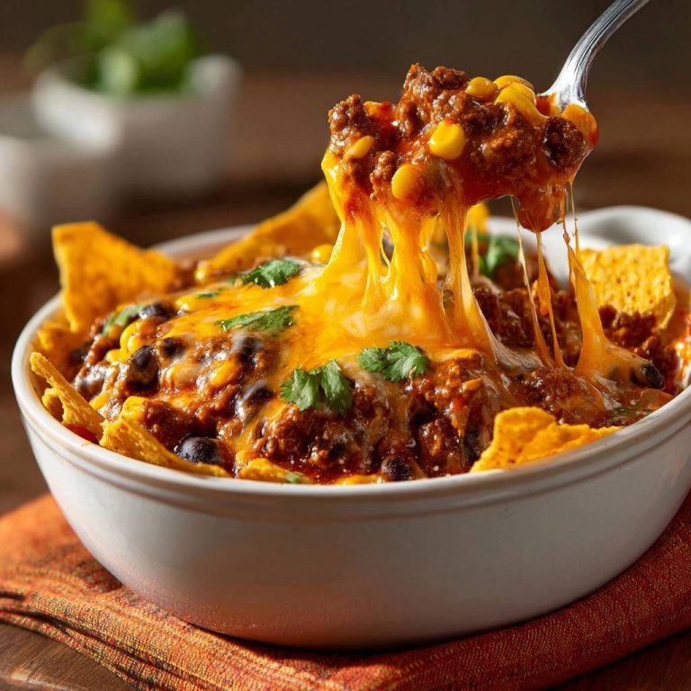 Knusprige Chili-Nacho-Bowl mit geschmolzenem Käse auf einem Löffel, detailreiche Nahaufnahme