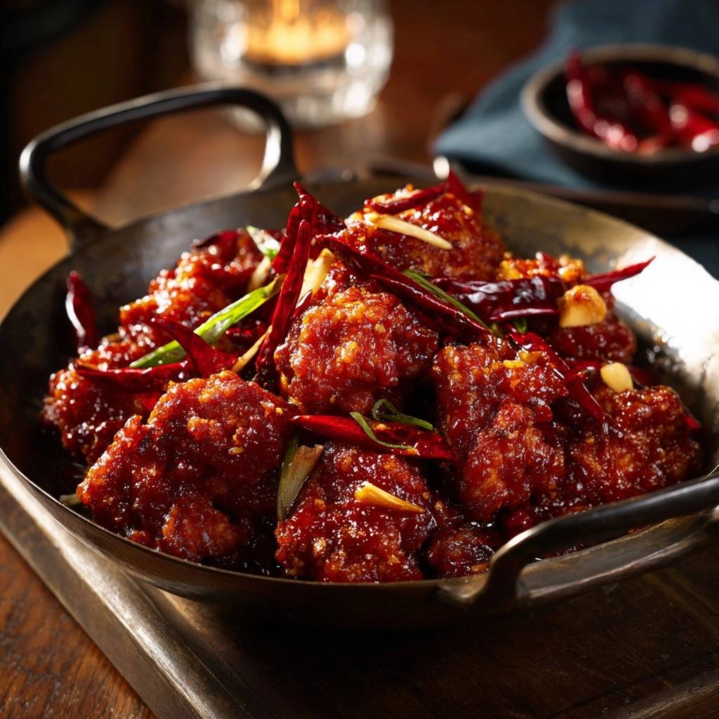 Knuspriges Chilihuhn aus dem Wok, serviert in einer Pfanne mit vielen getrockneten roten Chilis und Frühlingszwiebeln.