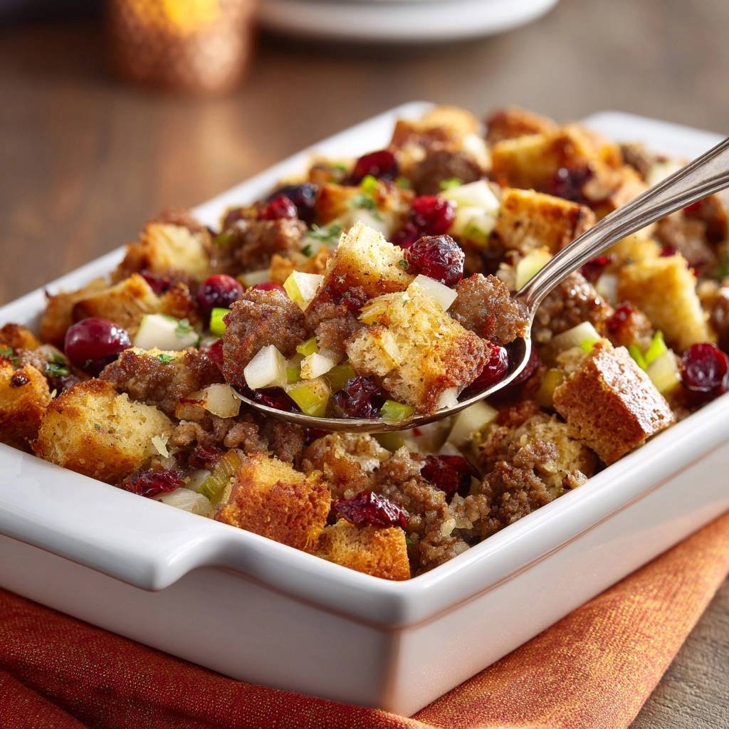 Cranberry-Apfel-Hack-Stuffing wird mit einem Löffel aus einer Auflaufform entnommen, Nahaufnahme der Textur.