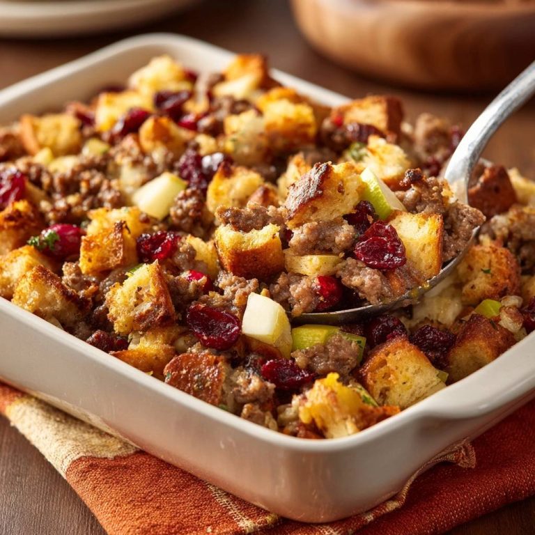 Cranberry-Apfel-Hack-Stuffing wird mit einem Löffel aus einer Auflaufform serviert, Nahaufnahme der Textur