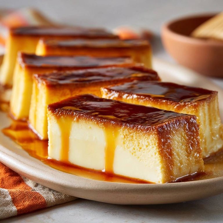 Perfekter Crème Caramel angeschnitten auf einem Teller mit glänzender Karamellsauce, die herunterläuft