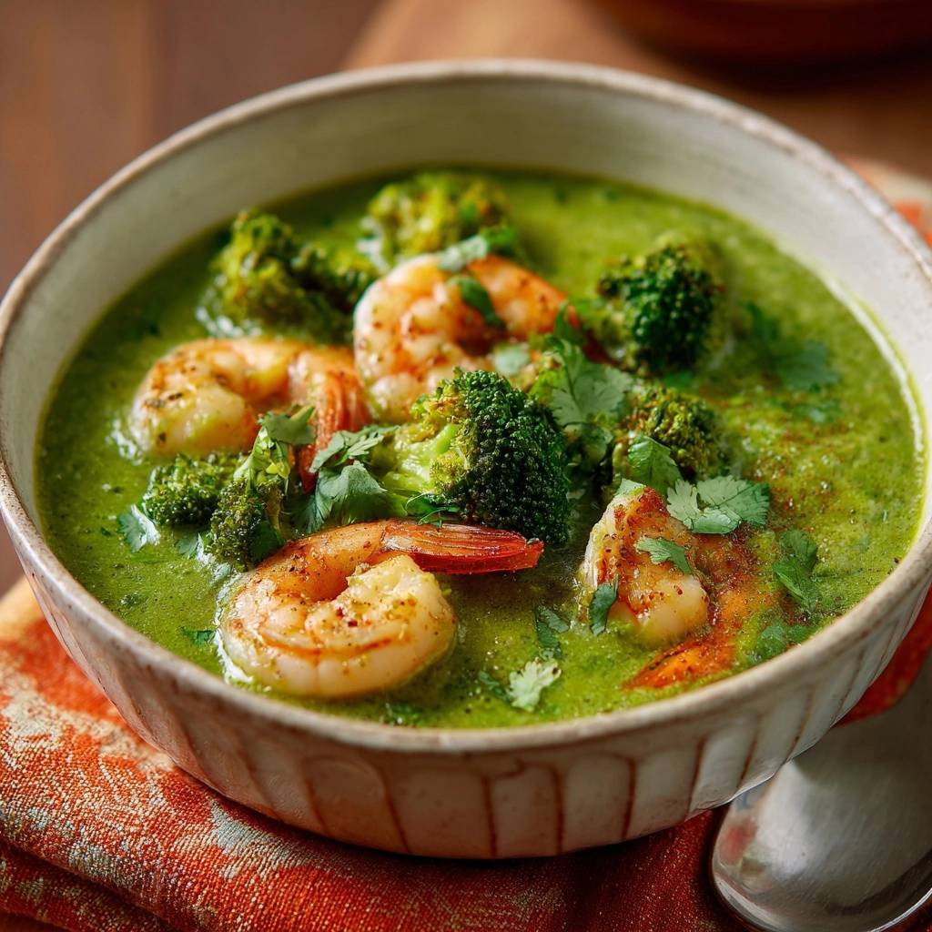 Cremige Brokkoli-Garnelen-Suppe mit saftigen Garnelen und knackigem Brokkoli, nahaufnahme des Gerichts.