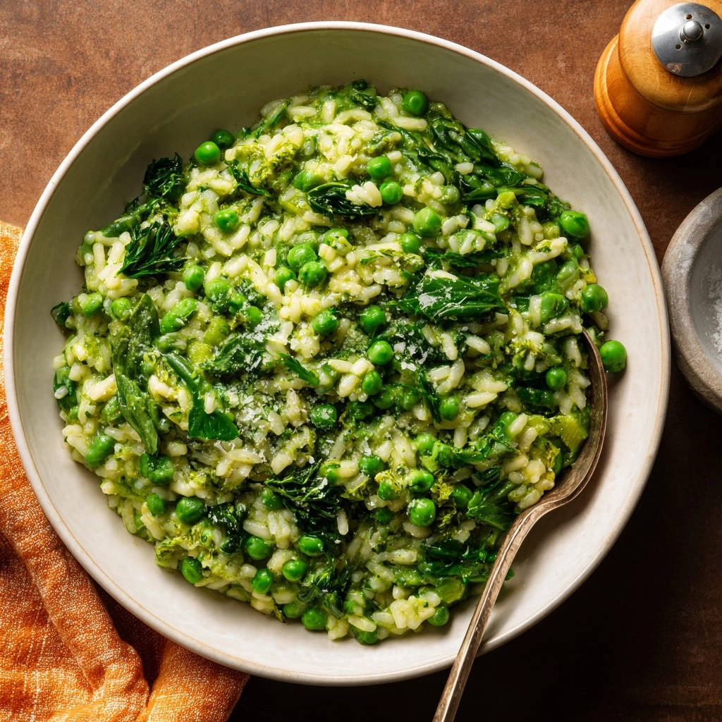 Cremiges Erbsen-Spinat-Risotto in einer Schüssel von oben mit Löffel und orangefarbenem Tuch daneben.