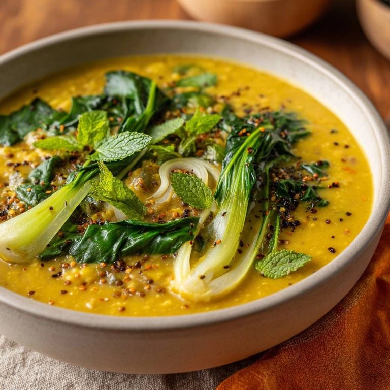 Cremiger gelber Linsen-Dal mit Spinat, Pak Choi und Minze, garniert mit Gewürzen und frischen Kräutern, nahaufnahme.