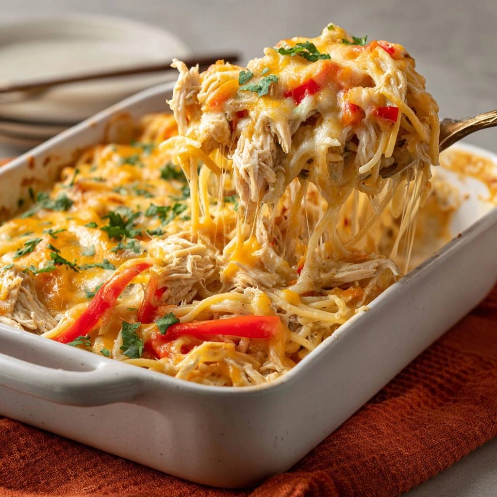 Cremiger Hähnchen-Paprika-Nudelauflauf mit geschmolzenem Käse, der von einer goldenen Löffelportion gezogen wird.