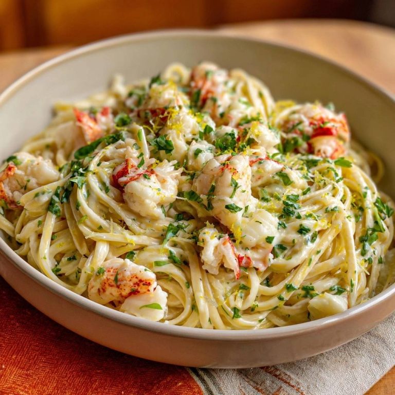 Cremige Hummer-Linguine mit Zitrone, Nahaufnahme der Pasta mit Hummerstücken und frischer Petersilie garniert