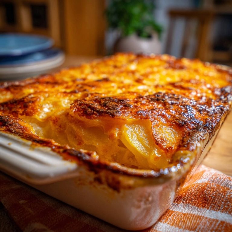 Cremiger Kartoffelgratin als Nahaufnahme mit Blick auf den geschichteten Querschnitt des Kases und der Kartoffeln.