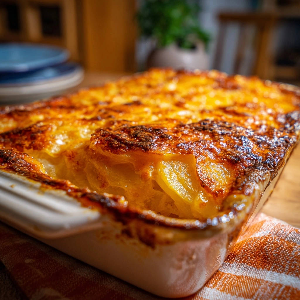 Cremiger Kartoffelgratin als Nahaufnahme mit Blick auf den geschichteten Querschnitt des Kases und der Kartoffeln.