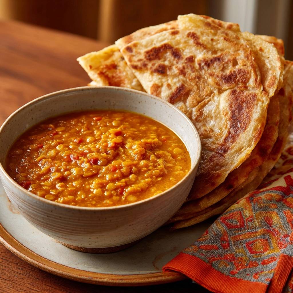 Cremiges Masoor Dal mit schichtigen Parathas, serviert in einer Schüssel mit einem Stapel Fladenbrot daneben.
