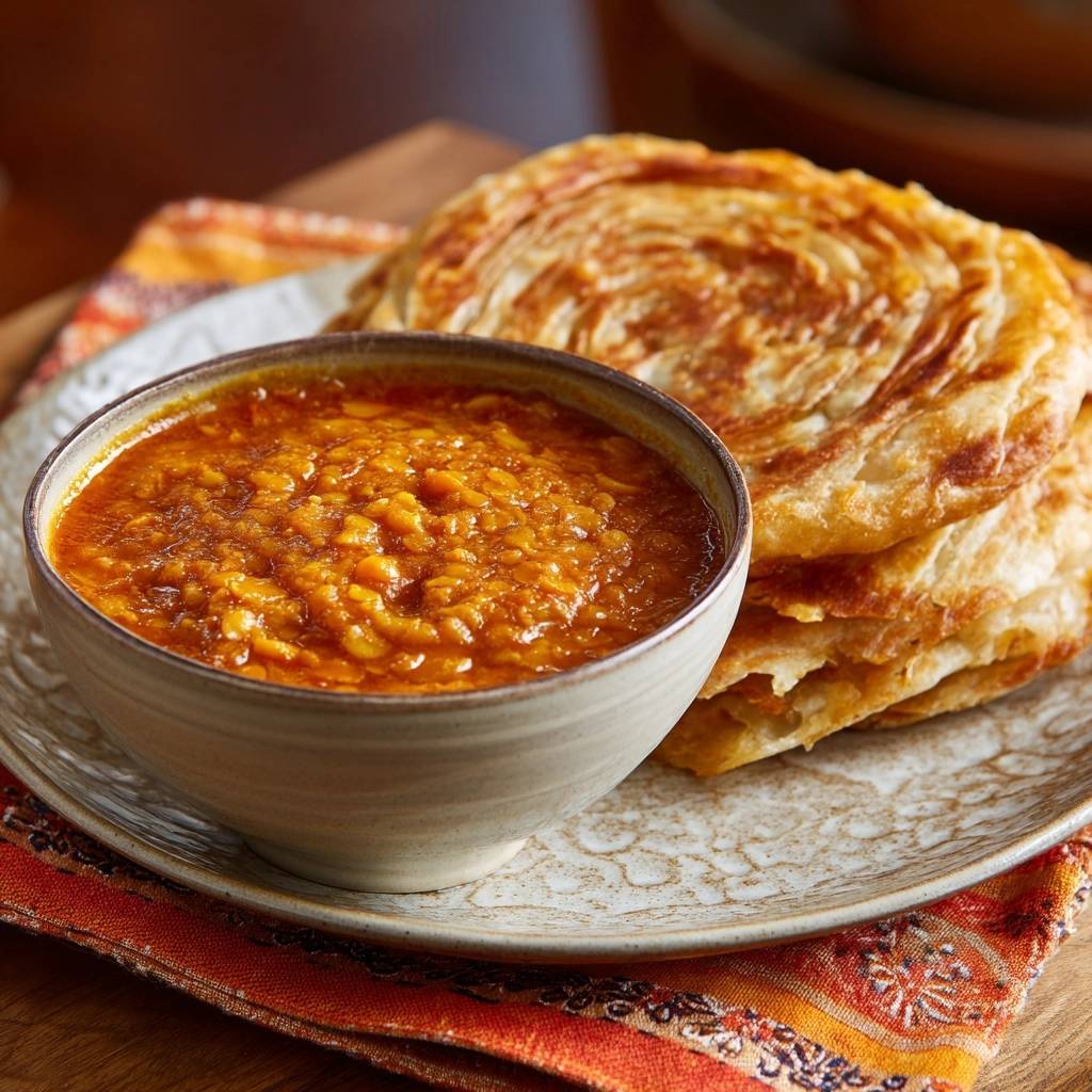 Cremiges Masoor Dal mit schichtigen Parathas in einer Nahaufnahme serviert, mit Fokus auf die Textur der Linsen und des Fladenbrots.