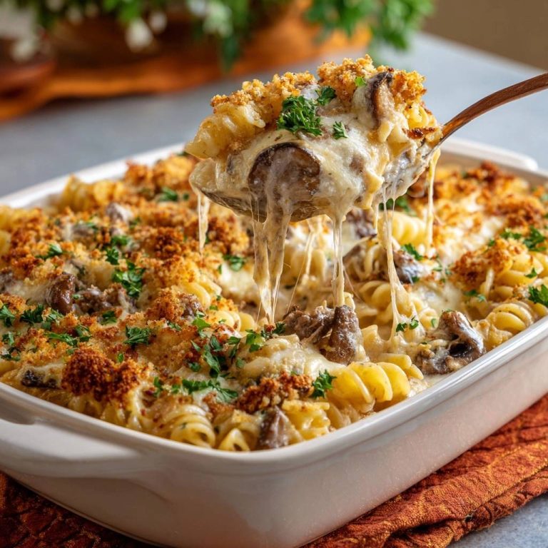 Cremiger Pilz-Fusilli-Auflauf mit knuspriger Kruste, eine Nahaufnahme zeigt den geschmolzenen Käse, der von einem Löffel herunterhängt.