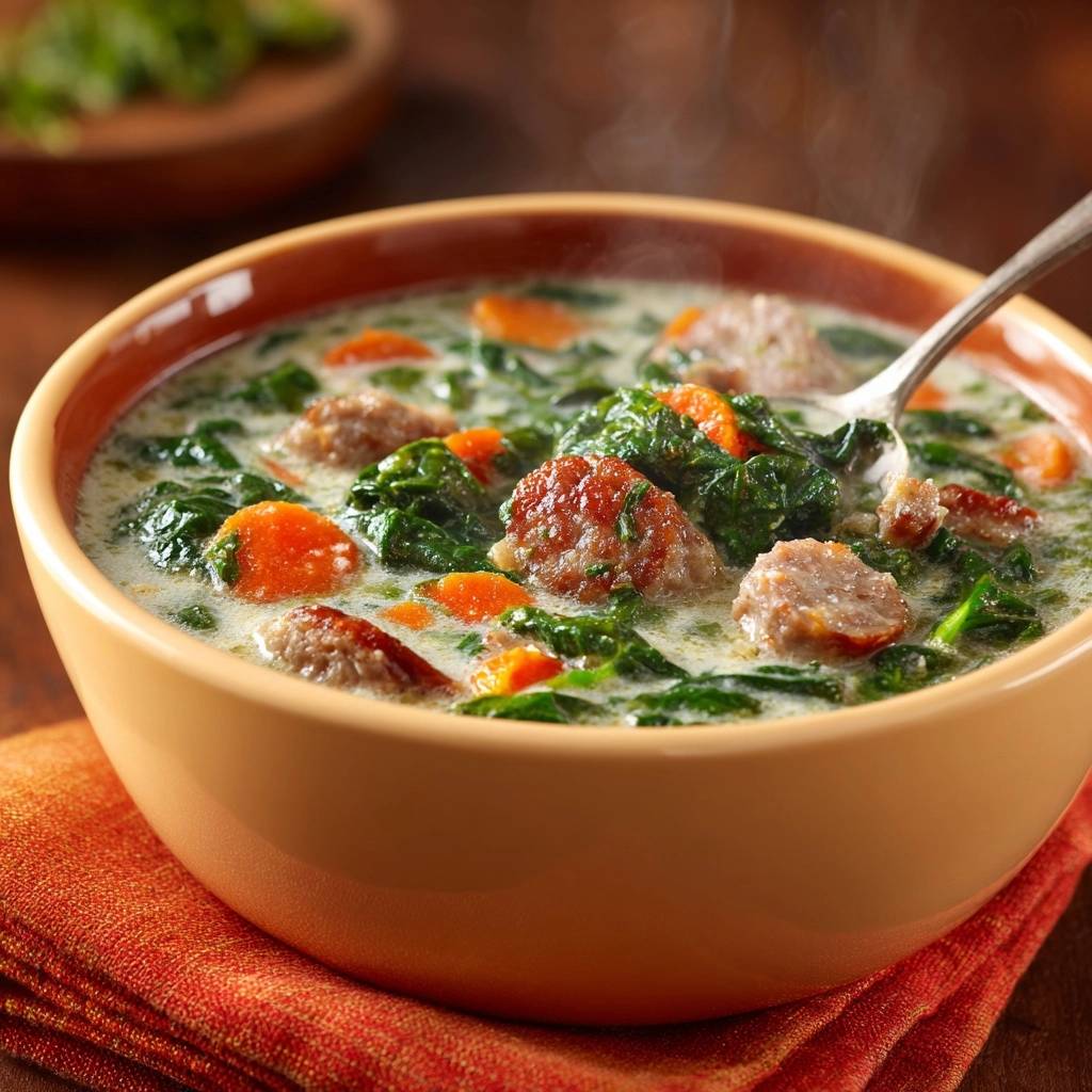 Cremige Spinat-Süßkartoffel-Wurst-Suppe mit sichtbaren Wurststücken und Karotten in einer Nahaufnahme.