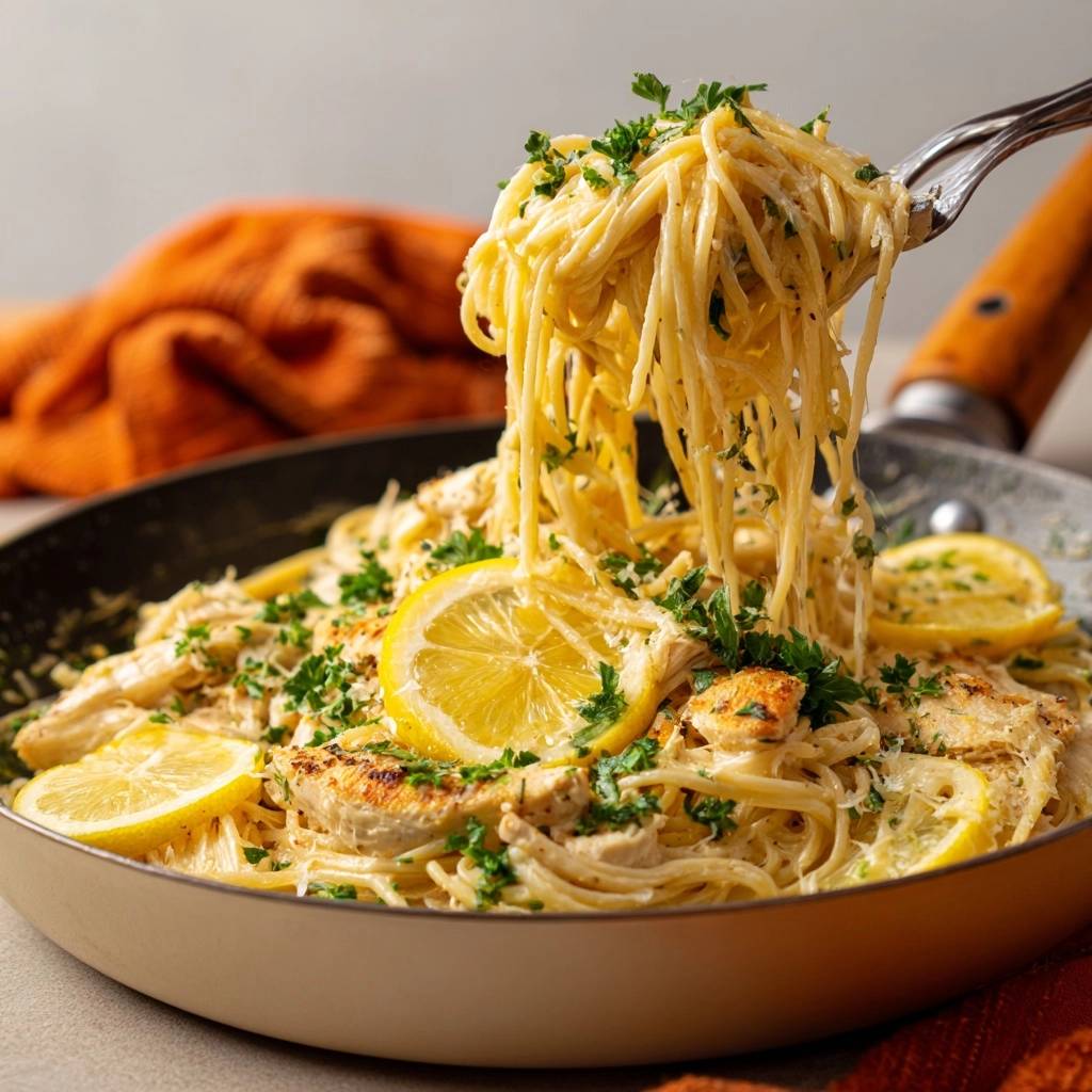 Cremige Zitronen-Hähnchen-Spaghetti mit einer Gabel herausgenommen, garniert mit Zitrone und Petersilie.