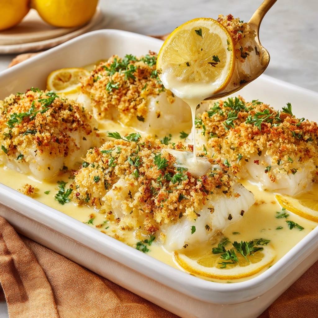 Cremiger Zitronen-Kabeljau mit Kräuterkruste, der mit einer cremigen Sauce aus einem Löffel beträufelt wird.