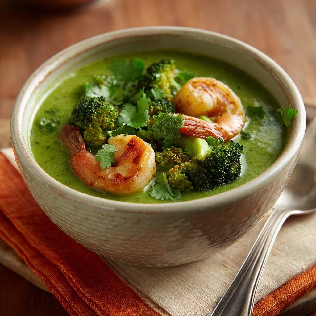 Cremige Brokkoli-Garnelen-Suppe im Detail, mit saftigen Garnelen und frischem Koriander garniert serviert.