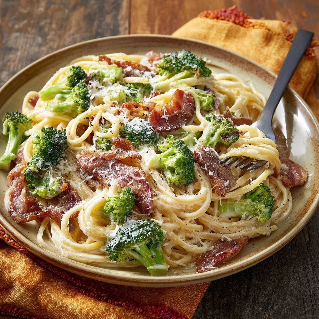 Cremige Brokkoli-Räuchertofu-Spaghetti mit einer Gabel, die in der cremigen Pasta steckt, nahaufnahme des Tellers