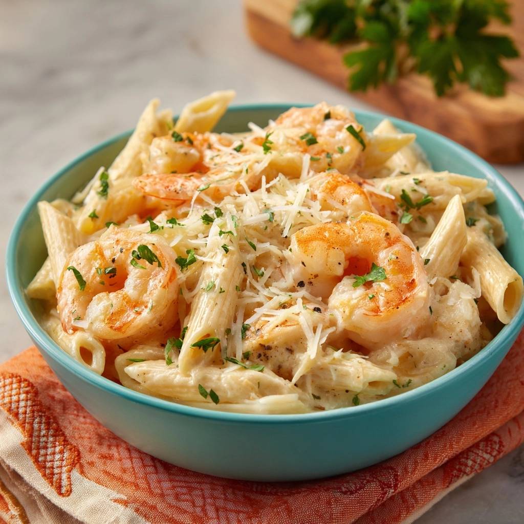 Cremige Garnelen-Penne serviert in einer blauen Schüssel, garniert mit geriebenem Parmesan und Petersilie.