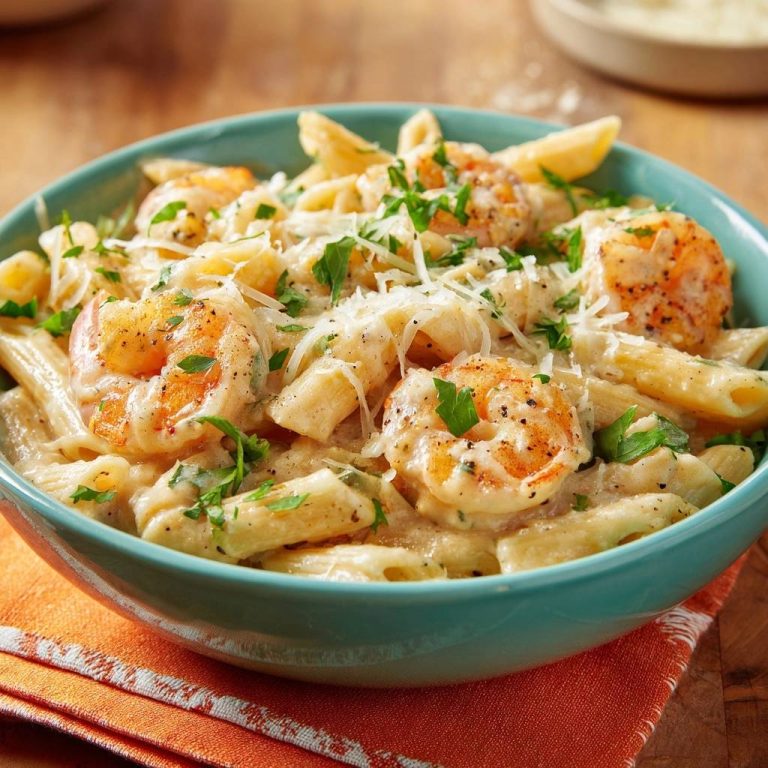 Cremige Garnelen-Penne, serviert in einer türkisfarbenen Schüssel, garniert mit Petersilie und Parmesan.
