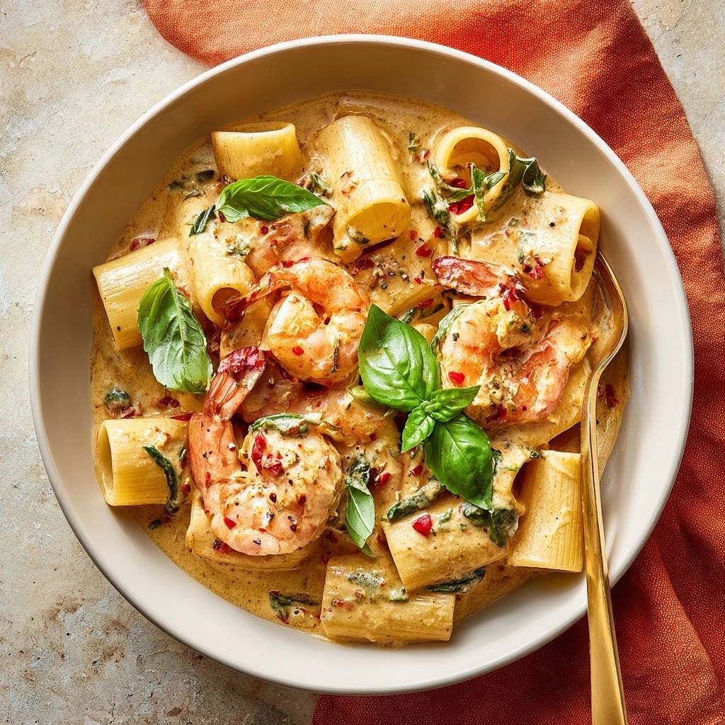 Cremige Garnelen-Rigatoni mit Spinat & Paprika, nahaufnahme des Gerichts mit Garnelen und frischem Basilikum in einer cremigen Sauce.