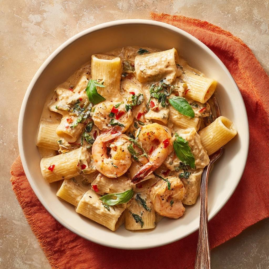 Cremige Garnelen-Rigatoni mit Spinat und Paprika, eine Nahaufnahme der servierten Pasta mit Garnelen und Basilikum.