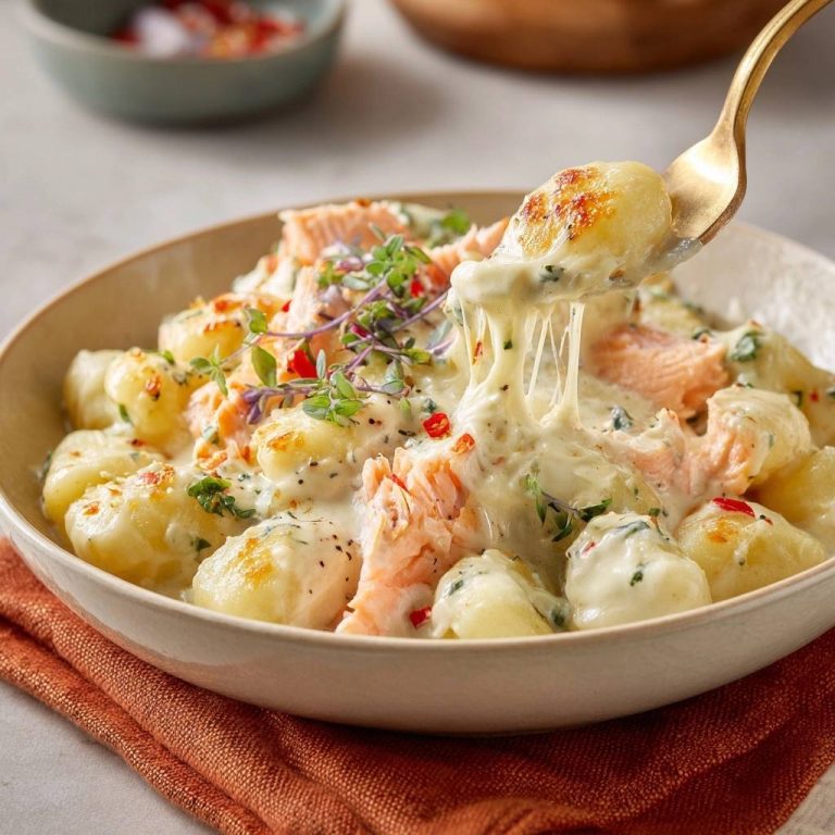 Cremige Gnocchi mit Lachs und Käse, mit einer goldenen Gabel herausgenommen, die geschmolzenen Käsefäden zeigt.