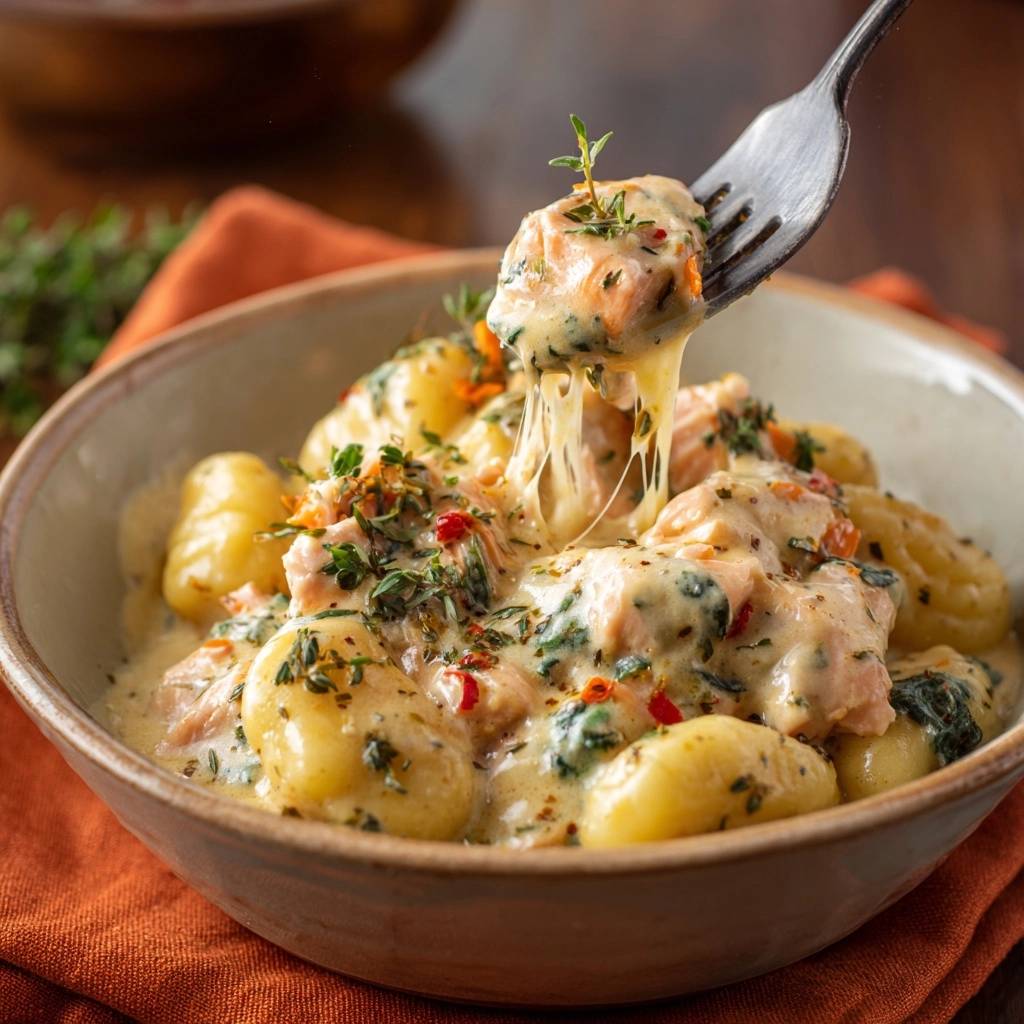 Cremige Gnocchi mit Lachs und Käse, eine Gabel hebt ein Stück aus der Schüssel, das Fäden zieht.