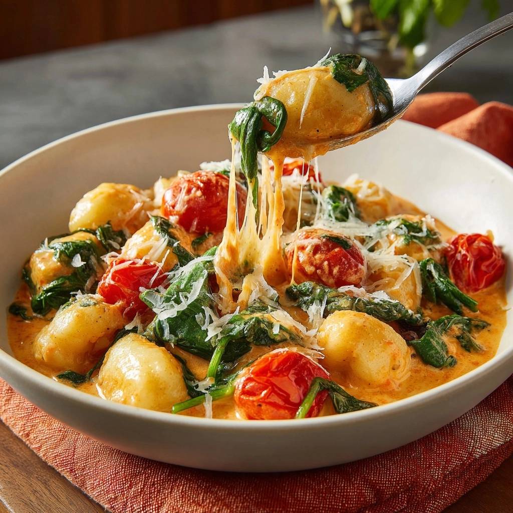 Cremige Gnocchi mit Spinat und Tomaten, mit einem Löffel herausgehoben und geschmolzenem Käse.