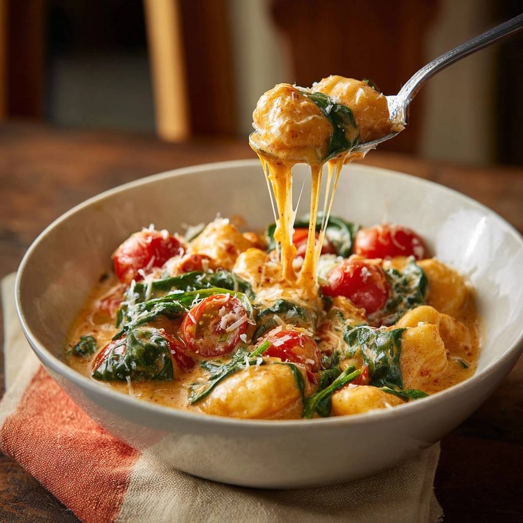 Cremige Gnocchi mit Spinat und Tomaten, mit geschmolzenem Käse, der von einer Gabel gezogen wird.