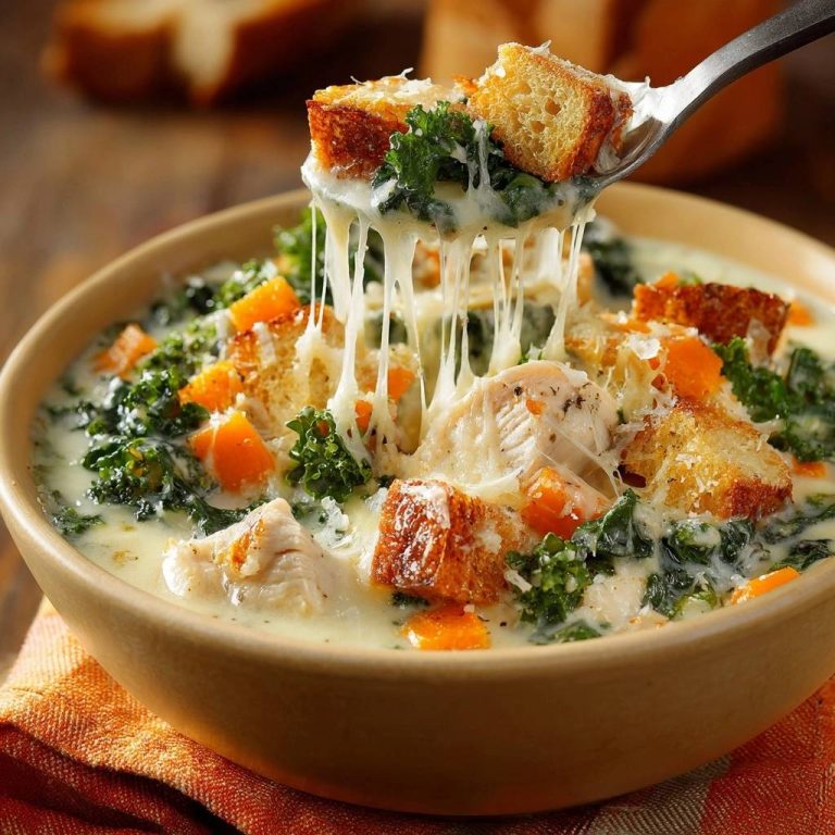 Cremige Hähnchen-Kale-Suppe mit Käse-Croutons, die von einem Löffel gezogen werden, mit geschmolzenem Käse.
