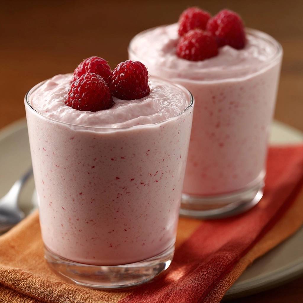 Cremige Himbeermousse, garniert mit frischen Himbeeren, serviert in einem Glas auf einem orangen Tuch.