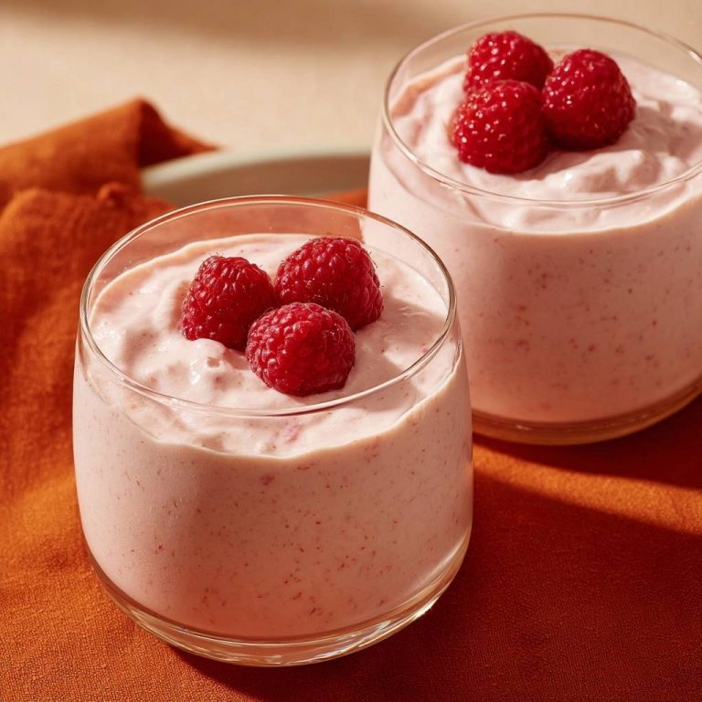 Cremige Himbeermousse mit frischen Himbeeren garniert, in einem Glas serviert, Nahaufnahme.