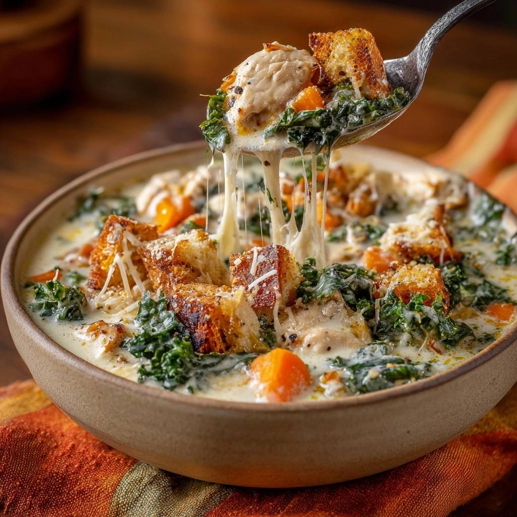 Cremige Hähnchen-Kale-Suppe mit Käse-Croutons, die von einem Löffel mit geschmolzenem Käse gezogen werden.