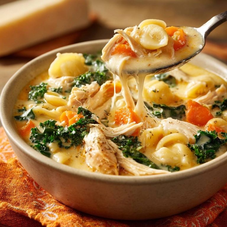 Cremige Hühnersuppe mit Orecchiette, Grünkohl und Karotten, serviert mit einem Löffel voller Nudeln und Käse.