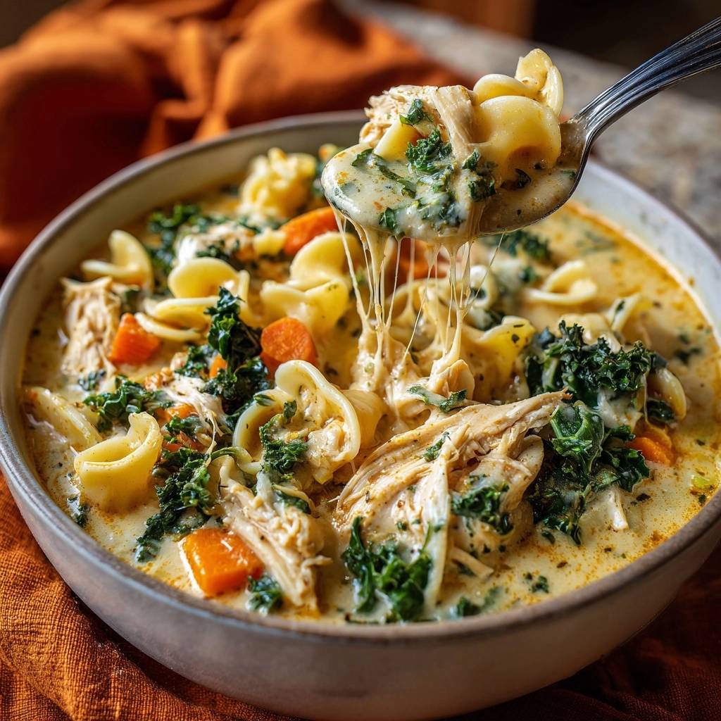 Cremige Hühnersuppe mit Orecchiette, Grünkohl und Karotten auf einem Löffel mit geschmolzenem Käse.