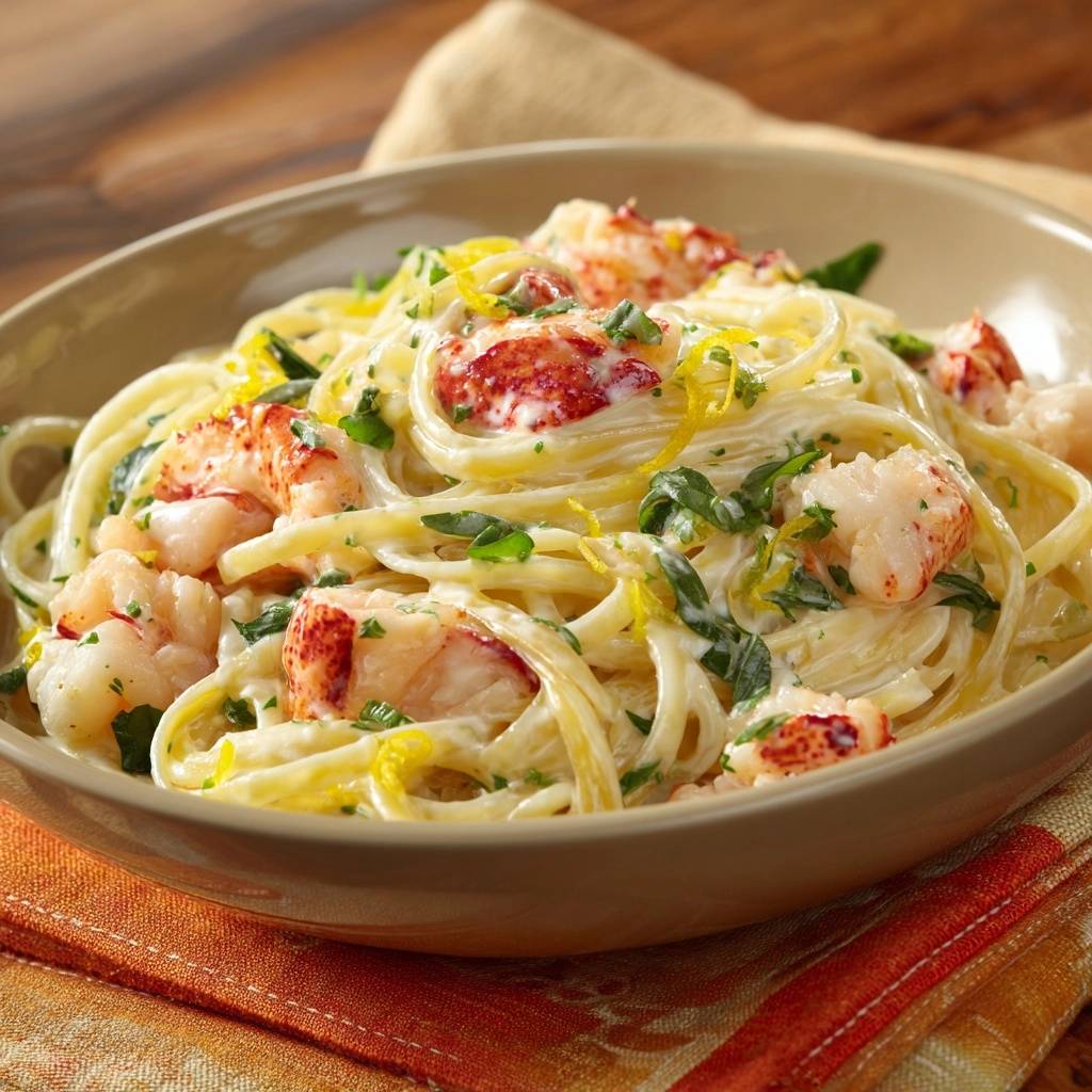 Cremige Hummer-Linguine mit Zitrone, serviert in einer Schüssel mit detaillierter Nahaufnahme der Pasta und Hummerstücke.