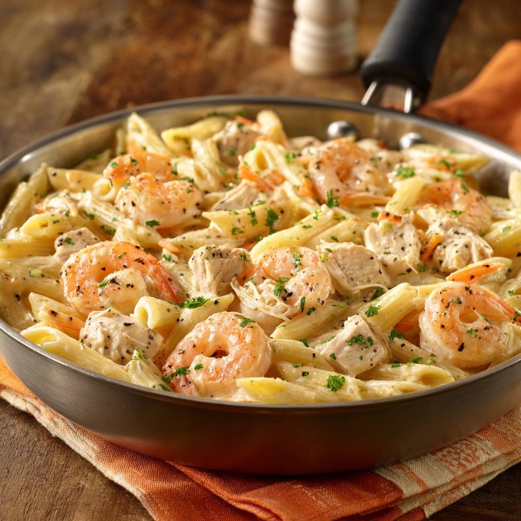 Cremige Penne mit Garnelen und Hähnchen in einer Pfanne, Nahaufnahme mit reichlich cremiger Sauce und Petersilie garniert.