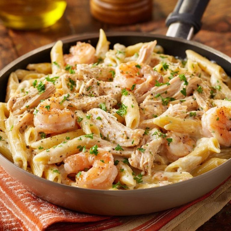 Cremige Penne mit Garnelen und Hähnchen in einer Pfanne, nahaufnahme mit Petersilie garniert und Pfeffer bestreut.