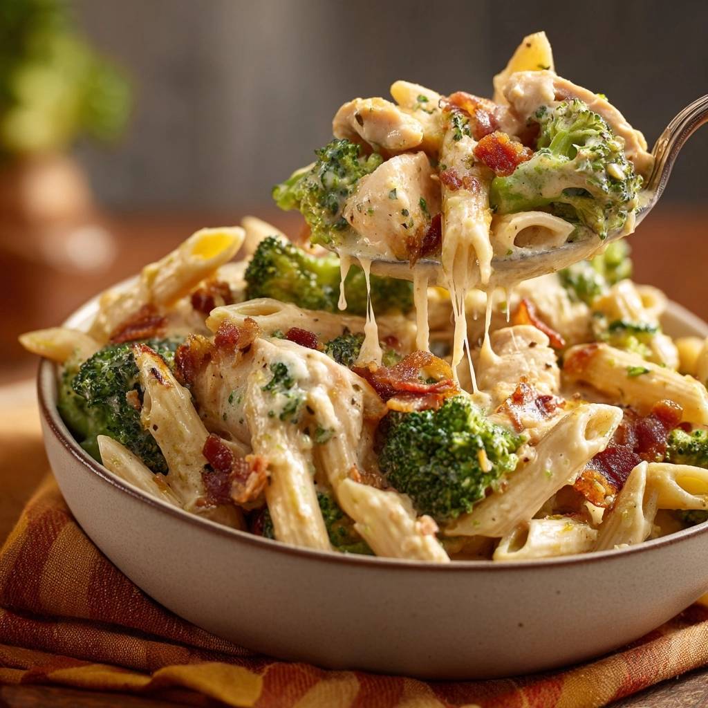 Cremige Penne mit Hähnchen, Brokkoli und Speck, ein Löffel voller Nudeln mit geschmolzenem Käse und Speckstreifen.