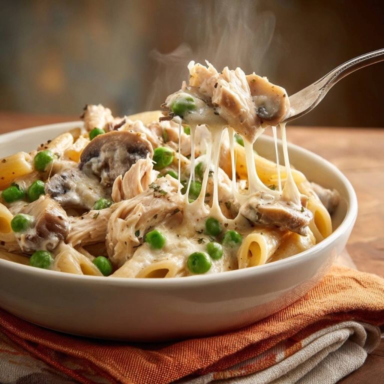 Cremige Penne mit Hähnchen, Pilzen und Erbsen, bei der geschmolzener Käse von einer Gabel gezogen wird.