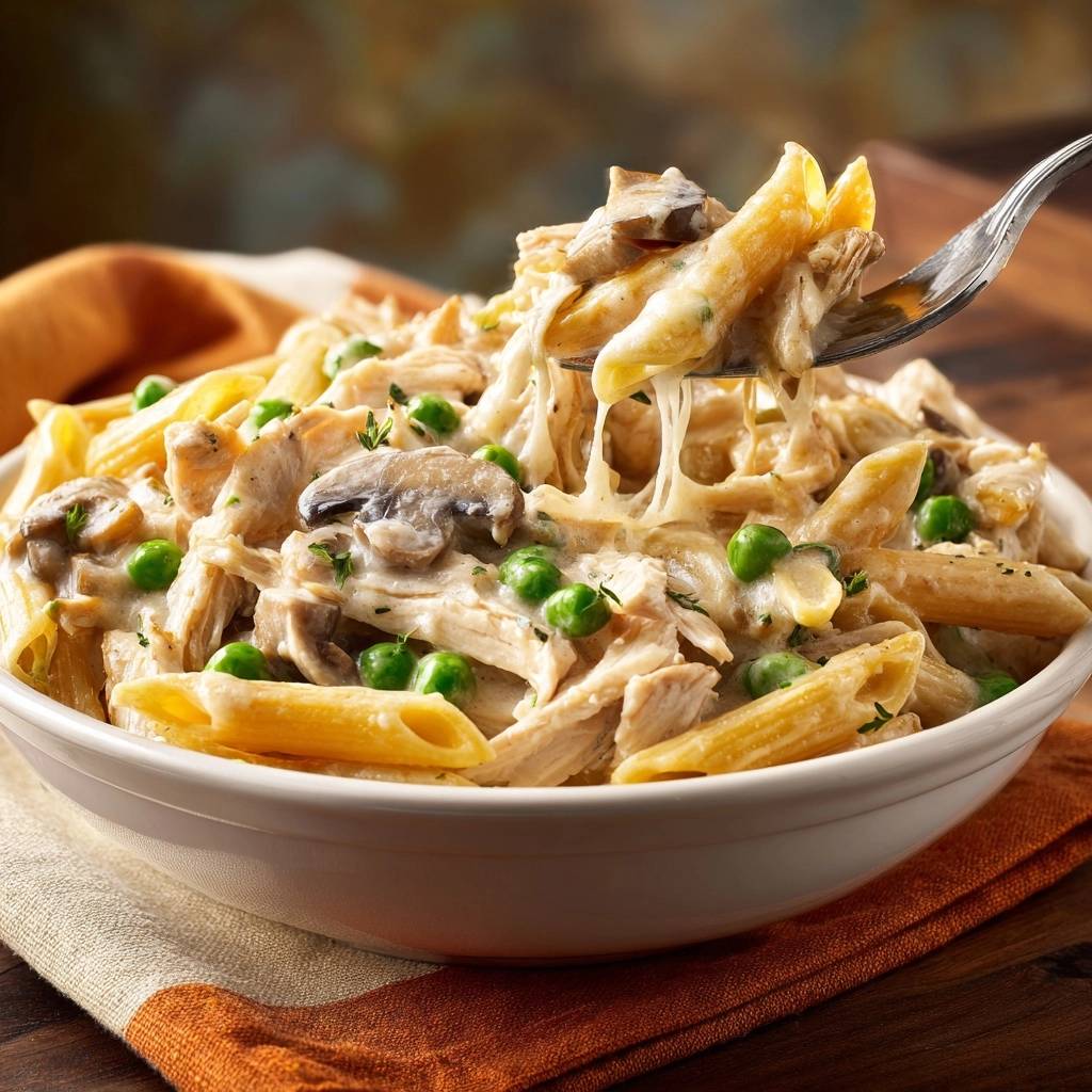 Cremige Penne mit Hähnchen, Pilzen und Erbsen, detailreich auf einer Gabel emporgehoben mit geschmolzenem Käse.