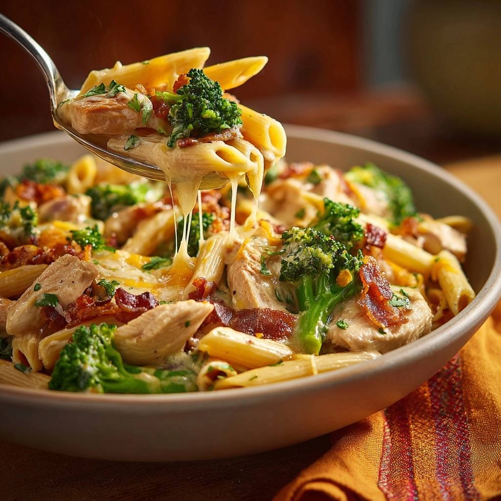 Cremige Penne mit Hähnchen, Brokkoli und Speck, eine Löffelportion mit geschmolzenem Käse, der Fäden zieht.
