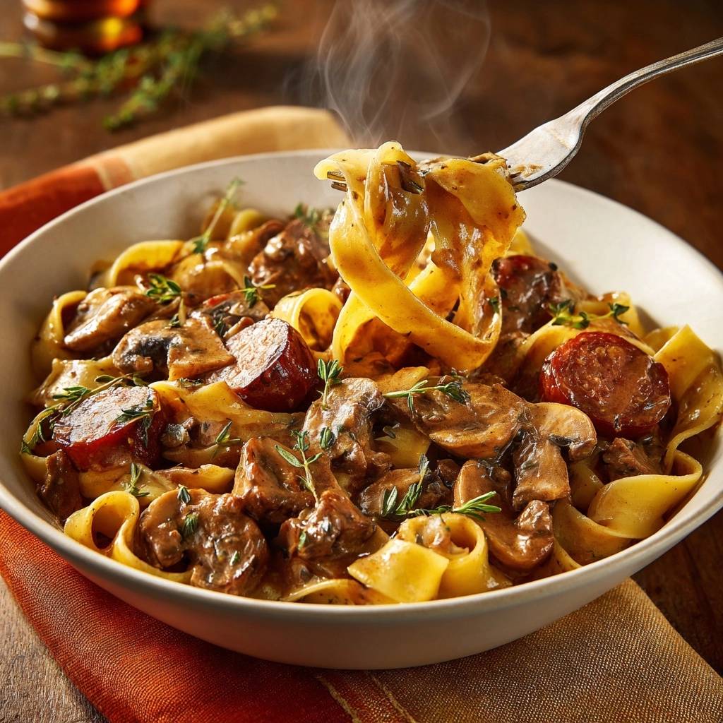 Cremige Pilz-Wurst-Tagliatelle mit einer Gabel aus der Schüssel gehoben, mit Dampf darüber.