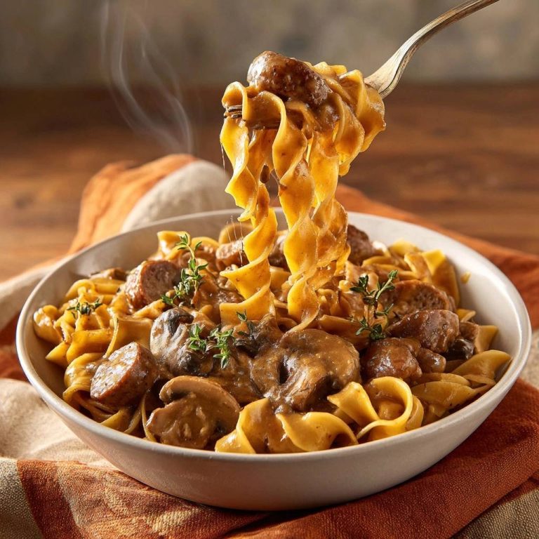 Cremige Pilz-Wurst-Tagliatelle, die auf einer Gabel aufgewickelt sind und aus einer Schüssel mit frischem Thymian garniert werden.