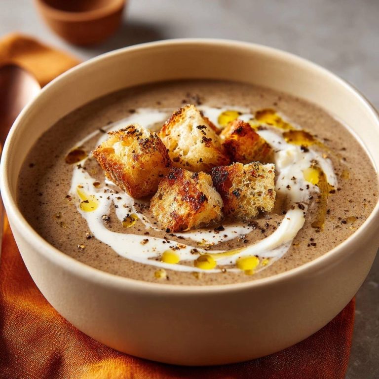 Cremige Pilzsuppe mit Croutons, garniert mit einem Klecks Sahne und beträufelt mit Olivenöl.